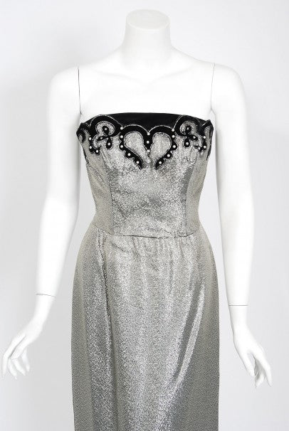 1950&#39;s Lilli Diamond Metallic Silver Lame Beaded Strapless Dress &amp; Swing Jacket