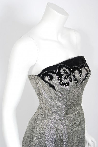 1950's Lilli Diamond Metallic Silver Lame Beaded Strapless 1950's Lilli Diamond Metallic Silver Lame Beaded Strapless
