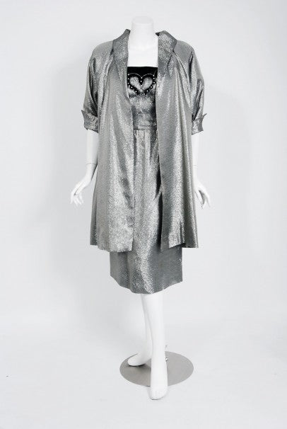 1950's Lilli Diamond Metallic Silver Lame Beaded Dress & Swing Jacket 1950's Lilli Diamond Metallic Silver Lame Beaded Dress & Swing Jacket