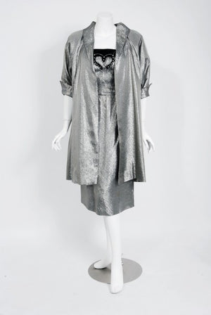 1950's Lilli Diamond Metallic Silver Lame Beaded Strapless Dress & Swing Jacket