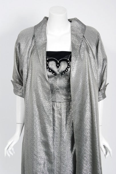 1950&#39;s Lilli Diamond Metallic Silver Lame Beaded Strapless Dress &amp; Swing Jacket