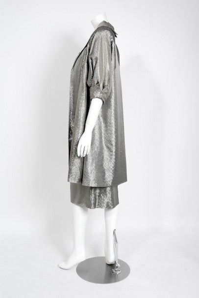 1950&#39;s Lilli Diamond Metallic Silver Lame Beaded Strapless Dress &amp; Swing Jacket