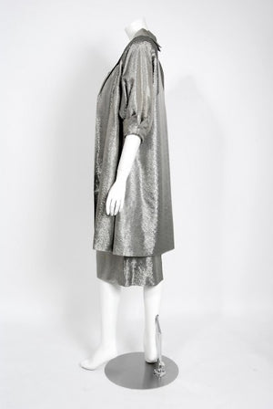 1950's Lilli Diamond Metallic Silver Lame Beaded Strapless Dress & Swing Jacket