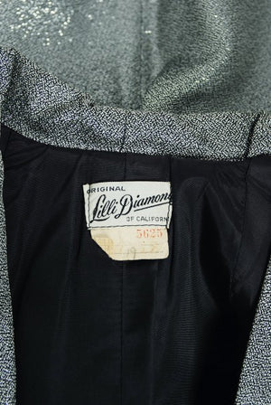 1950's Lilli Diamond Metallic Silver Lame Beaded Strapless Dress & Swing Jacket