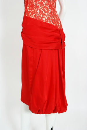 1950's Lilli Diamond Red Silk & Lace Illusion Draped Fishtail Cocktail Dress