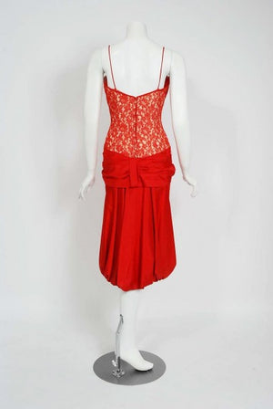 1950's Lilli Diamond Red Silk & Lace Illusion Draped Fishtail Cocktail Dress