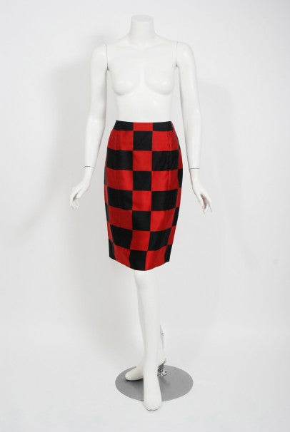1989 Marc Jacobs for Perry Ellis Black & Red Checkered Silk Skirt w/ Shawl