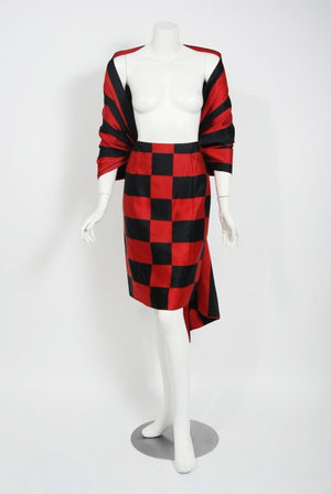 1989 Marc Jacobs for Perry Ellis Black & Red Checkered Silk Skirt w/ Shawl