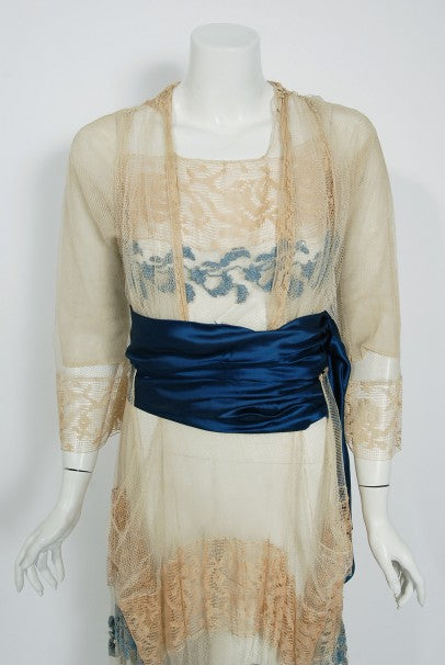1910&#39;s Julius Garfinckel Couture Beige Embroidered Lace Blue Silk Sash Dress