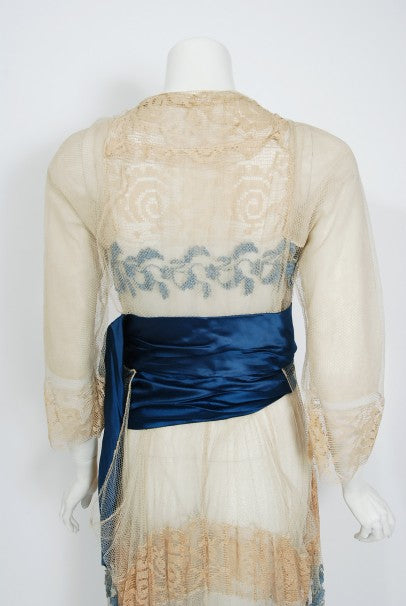 1910&#39;s Julius Garfinckel Couture Beige Embroidered Lace Blue Silk Sash Dress