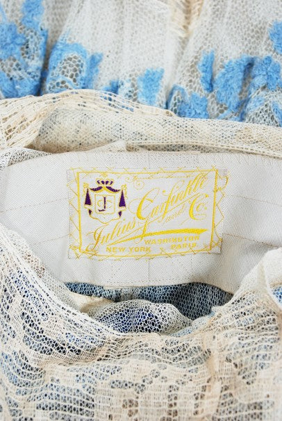 1910&#39;s Julius Garfinckel Couture Beige Embroidered Lace Blue Silk Sash Dress