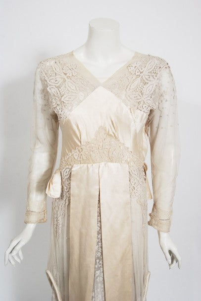 1910&#39;s Edwardian Couture Ivory Mixed Lace Draped Silk Sash Layered Dress