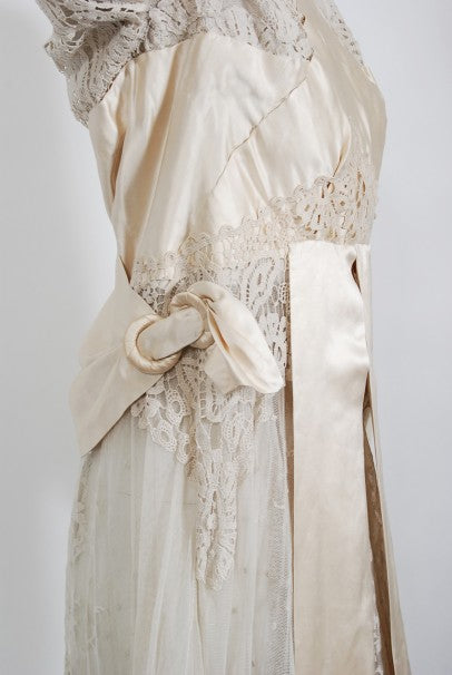 1910&#39;s Edwardian Couture Ivory Mixed Lace Draped Silk Sash Layered Dress