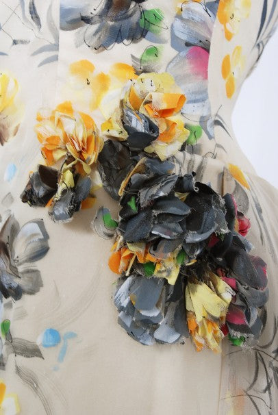 1950&#39;s Hand-Painted Floral Ivory Silk Appliqué Skirted Hourglass Backless Gown