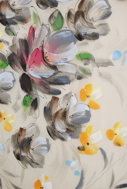 1950&#39;s Hand-Painted Floral Ivory Silk Appliqué Skirted Hourglass Backless Gown