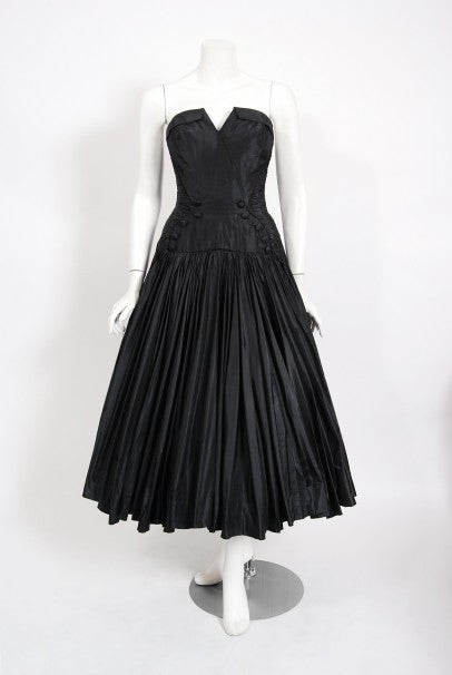 1950&#39;s French Couture Black Heavily-Pleated Silk Strapless Party Dress