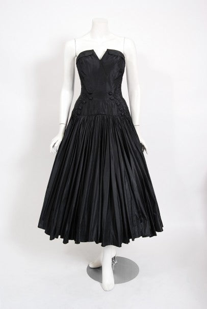 1950's French Couture Black Heavily-Pleated Silk Strapless Party Dress