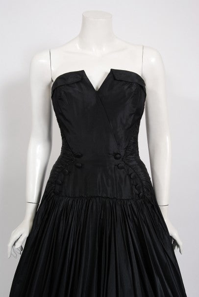 1950&#39;s French Couture Black Heavily-Pleated Silk Strapless Party Dress
