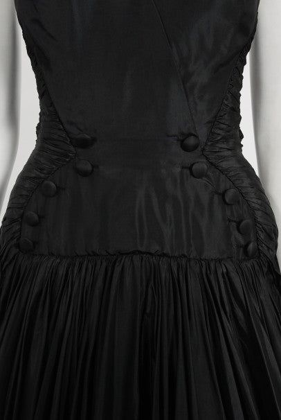 1950&#39;s French Couture Black Heavily-Pleated Silk Strapless Party Dress