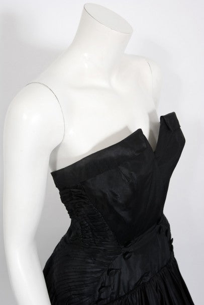 1950&#39;s French Couture Black Heavily-Pleated Silk Strapless Party Dress