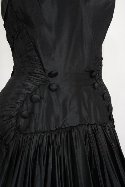 1950&#39;s French Couture Black Heavily-Pleated Silk Strapless Party Dress