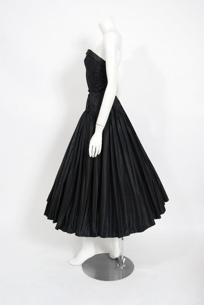 1950&#39;s French Couture Black Heavily-Pleated Silk Strapless Party Dress