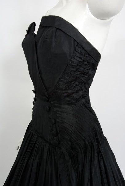 1950&#39;s French Couture Black Heavily-Pleated Silk Strapless Party Dress