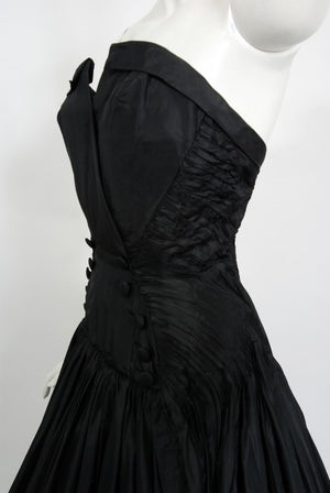 1950's French Couture Black Heavily-Pleated Silk Strapless Party Dress