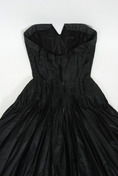 1950&#39;s French Couture Black Heavily-Pleated Silk Strapless Party Dress