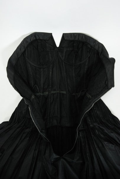 1950&#39;s French Couture Black Heavily-Pleated Silk Strapless Party Dress