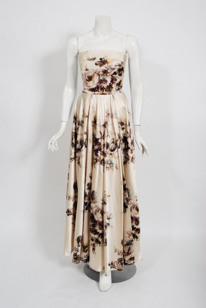 1950&#39;s Jeanne Lafaurie Couture Watercolor Floral Silk Strapless Gown