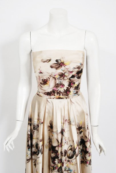 1950&#39;s Jeanne Lafaurie Couture Watercolor Floral Silk Strapless Gown