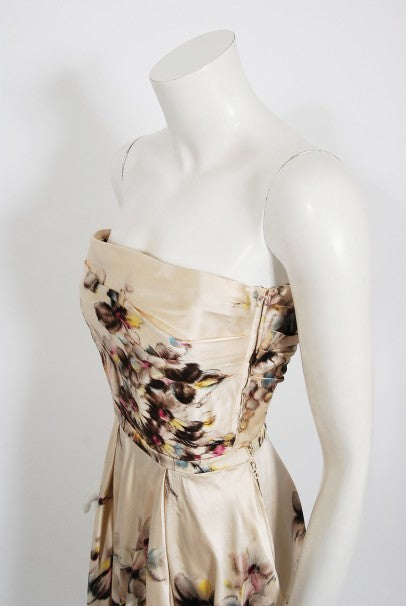 1950&#39;s Jeanne Lafaurie Couture Watercolor Floral Silk Strapless Gown