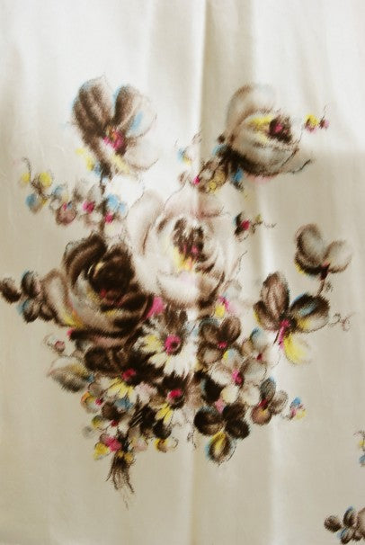 1950&#39;s Jeanne Lafaurie Couture Watercolor Floral Silk Strapless Gown