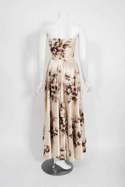 1950&#39;s Jeanne Lafaurie Couture Watercolor Floral Silk Strapless Gown