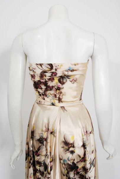 1950&#39;s Jeanne Lafaurie Couture Watercolor Floral Silk Strapless Gown