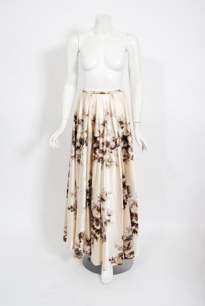1950&#39;s Jeanne Lafaurie Couture Watercolor Floral Silk Strapless Gown