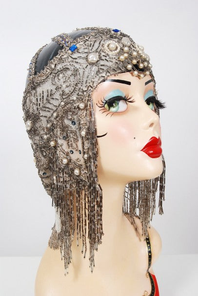 1920&#39;s French Couture Deco Pearl Beaded Sequin Fringe Flapper Headpiece