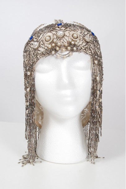 1920&#39;s French Couture Deco Pearl Beaded Sequin Fringe Flapper Headpiece