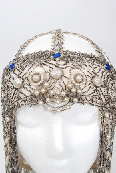 1920&#39;s French Couture Deco Pearl Beaded Sequin Fringe Flapper Headpiece