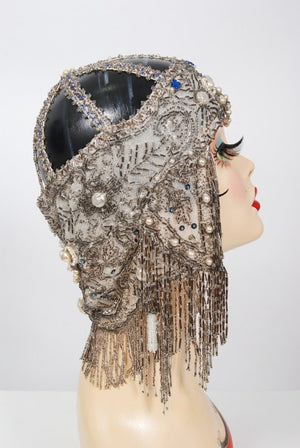 1920's French Couture Deco Pearl Beaded Sequin Fringe Flapper Headpiece