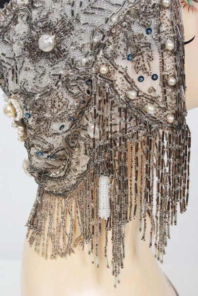 1920&#39;s French Couture Deco Pearl Beaded Sequin Fringe Flapper Headpiece