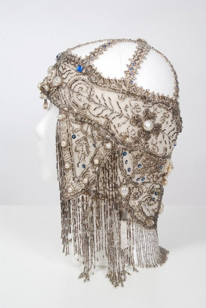 1920&#39;s French Couture Deco Pearl Beaded Sequin Fringe Flapper Headpiece