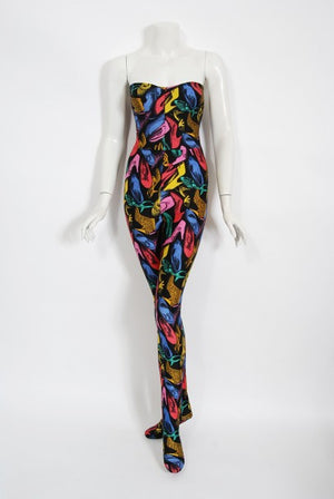 1991 Salvatore Ferragamo Runway Novelty Shoe Print Strapless Jumpsuit