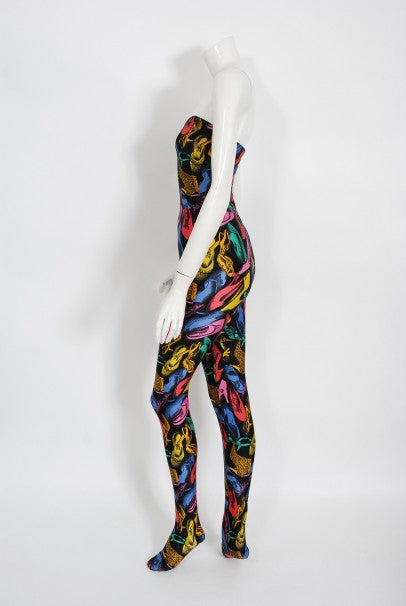 1991 Salvatore Ferragamo Runway Novelty Shoe Print Strapless Jumpsuit