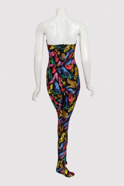 1991 Salvatore Ferragamo Runway Novelty Shoe Print Strapless Jumpsuit