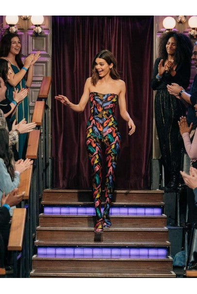 1991 Salvatore Ferragamo Runway Novelty Shoe Print Strapless Jumpsuit