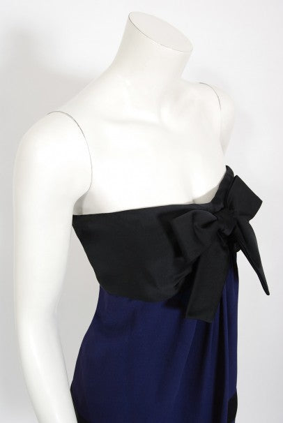 1990 Chanel Runway Sapphire-Blue & Black Silk Strapless Dress w/ Shawl