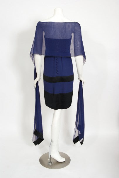 1990 Chanel Runway Sapphire-Blue & Black Silk Strapless Dress w/ Shawl