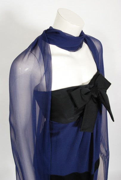1990 Chanel Runway Sapphire-Blue & Black Silk Strapless Dress w/ Shawl